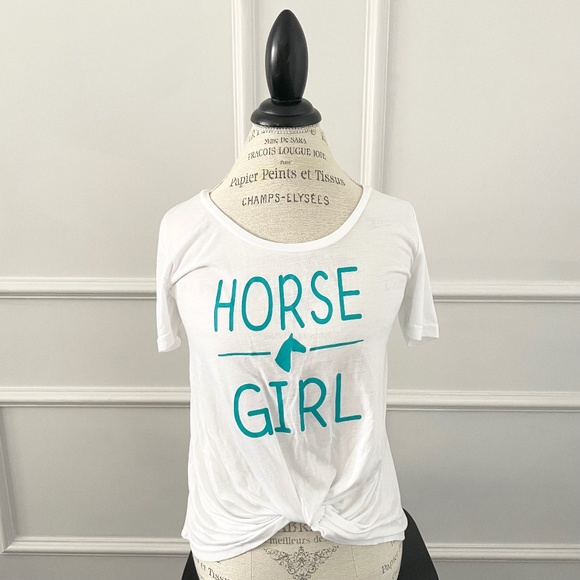 Horse Girl teal and white twist tie front soft t shirt short sleeve tee - Picture 1 of 7